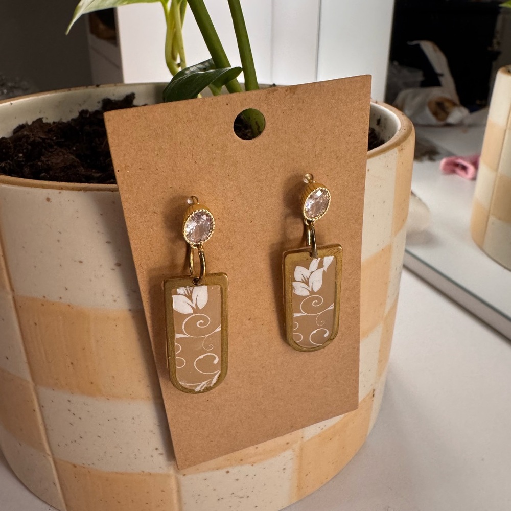 Gold and Beige Floral Drop Earrings - Women Jewelry